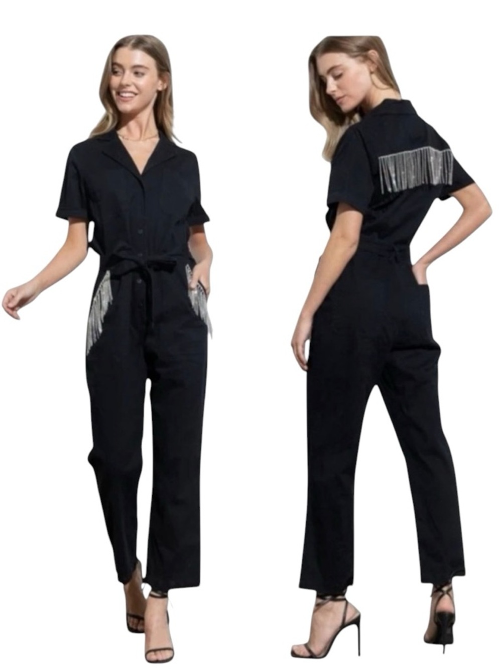 NEW blue b Black Rhinestone Fringe Back Twill Stretch Tie Front Utility Jumpsuit